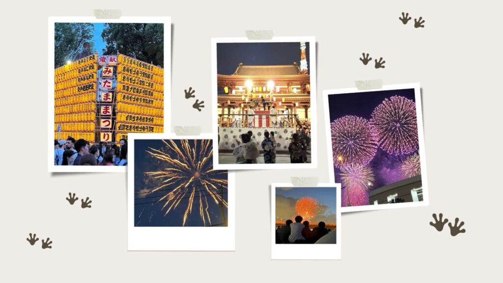 Tokyo summer collage showing hanabi fireworks and matsuri festivals in Japan