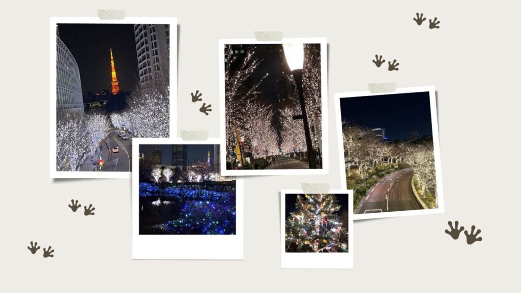 Tokyo winter collage showing Christmas illumination lights at Omotesando, Midtown and Roppongi Hills